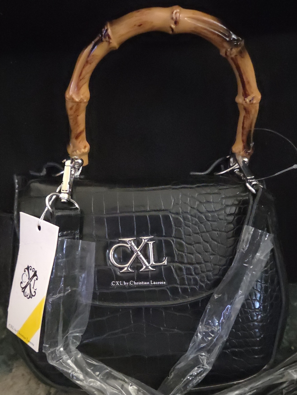 Small Christian Lacroix Black Croc-Embossed Satchel with Bamboo-Style Handle